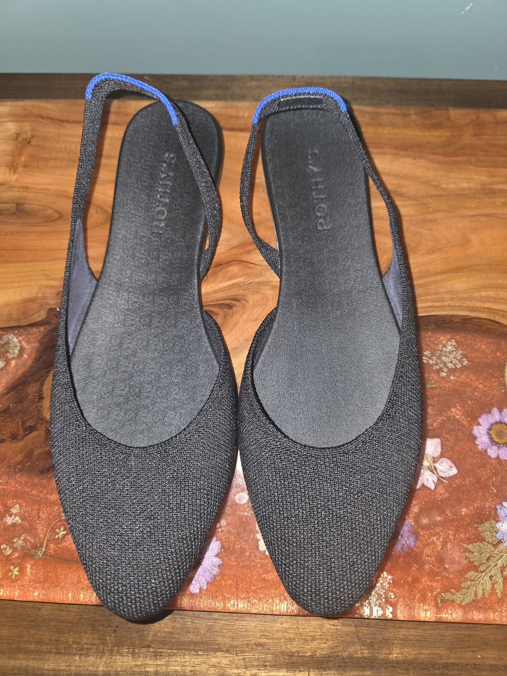 Rothy's Black Pointed-Toe Knit Slingback Flats with Blue Trim
